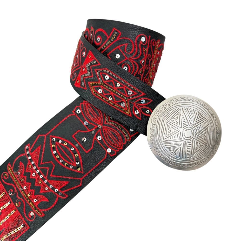 Chicos Tiki Tribal Leather Belt Womens Small Black Red Wide Embellish Sequins